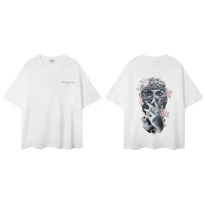 IH NOM UH NIT Pink Floral Mask Back Print Tee - Off-White